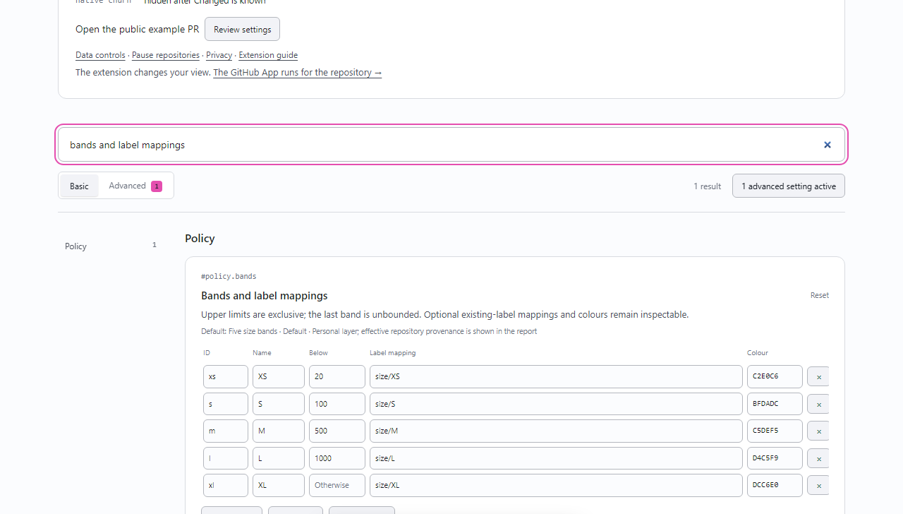 Source-owned light-theme settings capture showing the searchable bands and existing-label mappings editor